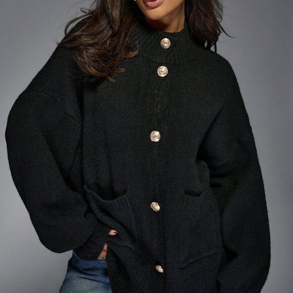 Black Casual Women's Knitted Button Drop Shoulder Long Sleeves Cardigan - Picture 4 of 6